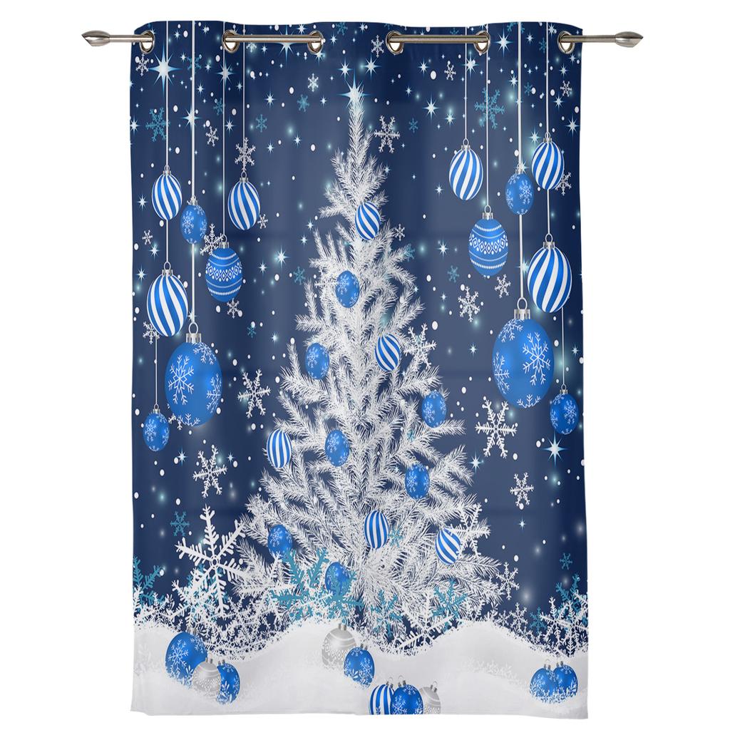 Blue Christmas Tree Christmas Ball Snowflake Print Curtains Bedroom Living Room Drapes Kitchen Window Curtain Home Decoration
