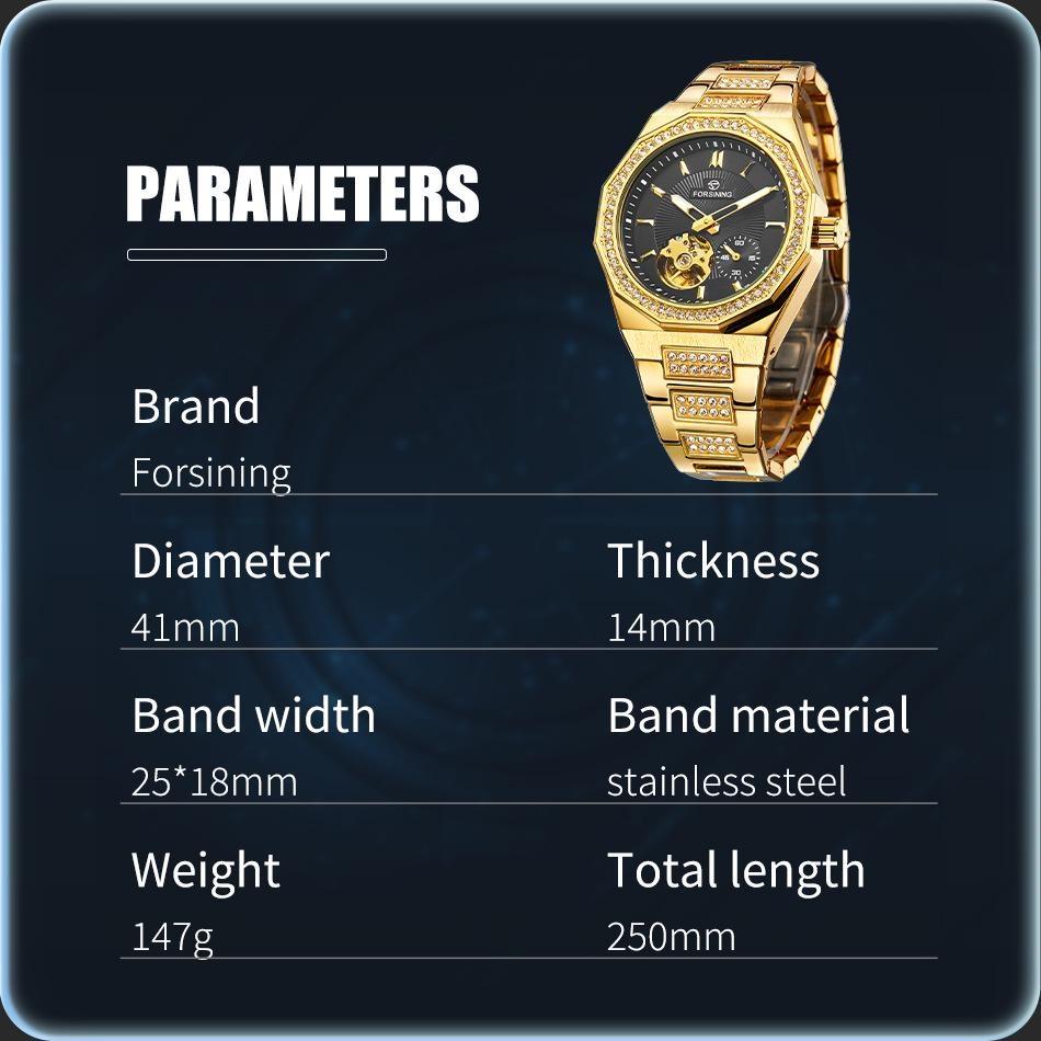 FORSINING Men's Automatic Mechanical Watch, Rhinestone Inlay Skeleton Dial, Octagonal Case Luminous Watches