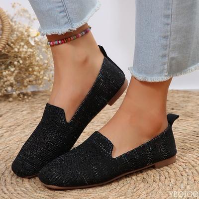 Повседневная обувь на плоской подошве с неглубоким вырезом, однотонная, с квадратным носком, женская, с мягкой подошвой, вязаная, повседневная, простая, удобная, одинарная обувь