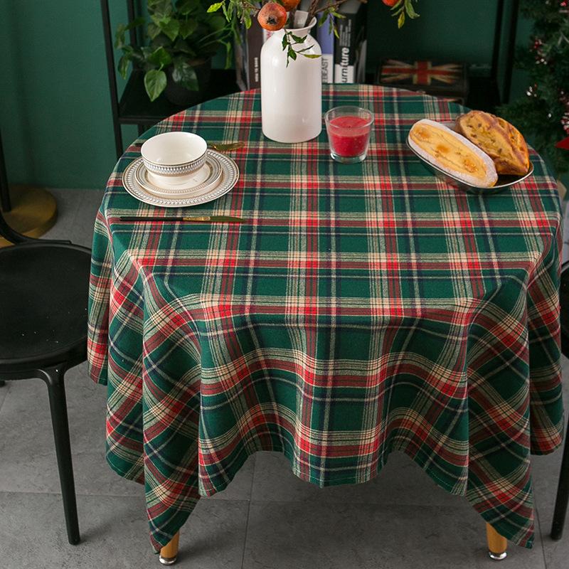 Christmas Plaid Linen Tablecloth Tea Table Cover Vintage American Decorative Fabric