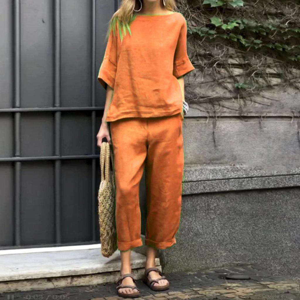 Женский однотонный повседневный хлопковый льняной комплект с рукавами 3/4 и круглым вырезом, топ и брюки