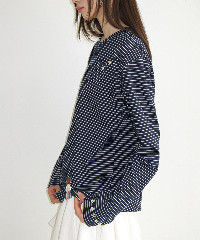 RONRON Button Mini Pocket Stripe Long Sleeve Navy