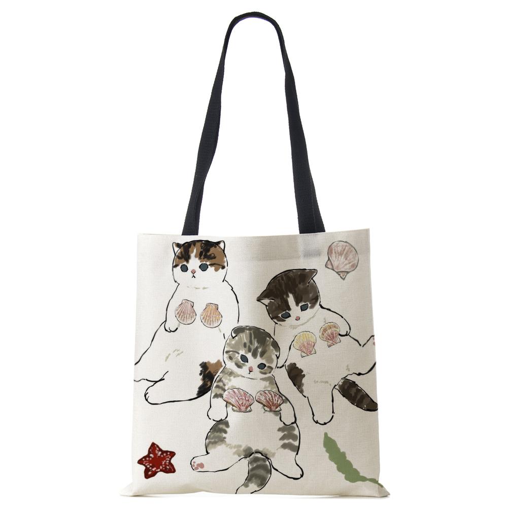 Женская сумка с милым животным кошачьим принтом, повседневная складная сумка-тоут для покупок в стиле Харадзюку, многоразовые сумки на плечо большой емкости