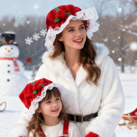 Mrs. Claus Costume for Adult Women Santa Claus Red Berry Bonnet Mob Cap