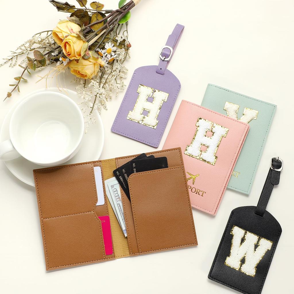 PATIKIL Набор дорожных бирок для паспорта и багажа с обложкой для паспорта с инициалом и буквой-шевроном, дорожная сумка-кошелек, идентификатор чемодана для женщин и