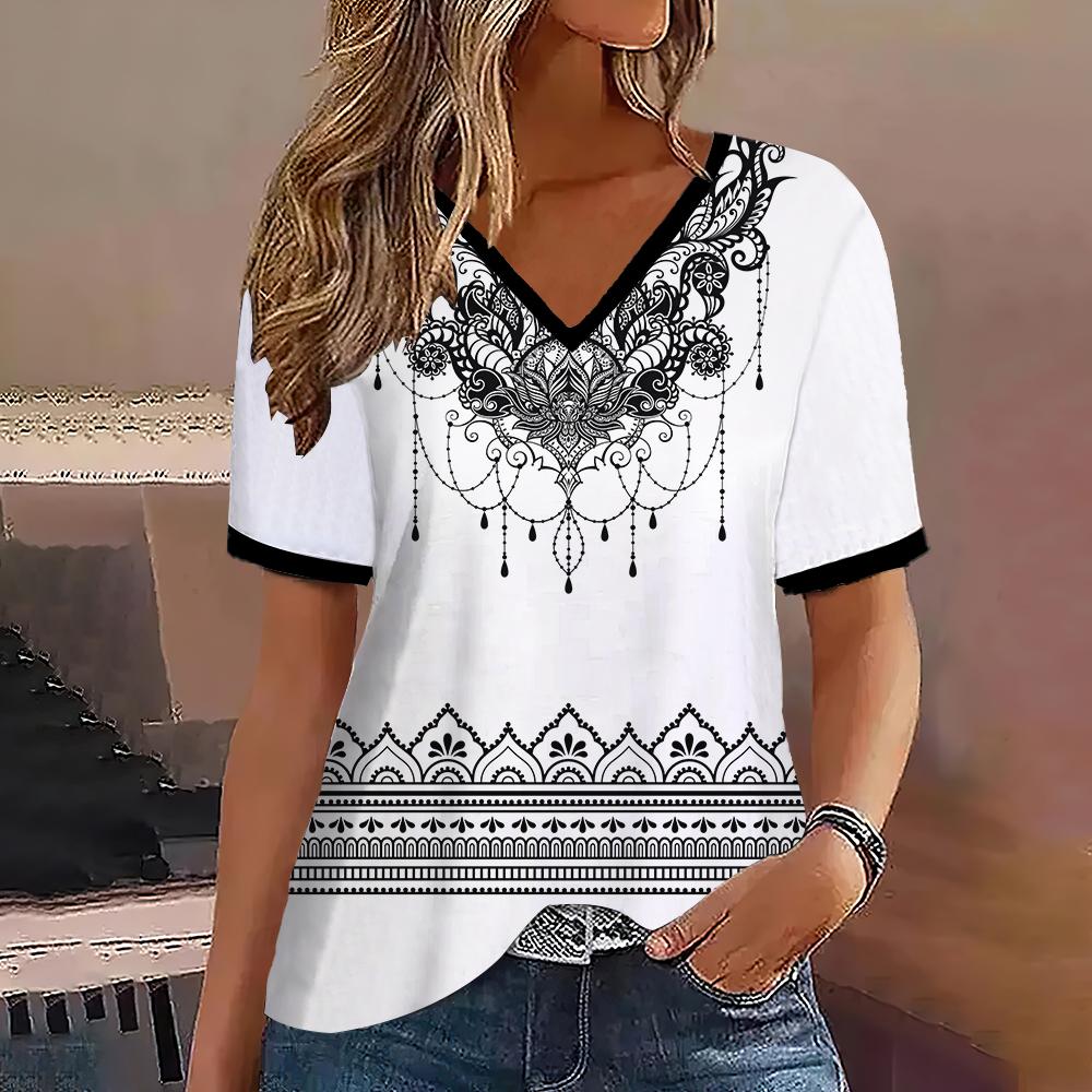 S-8XL Плюс Размер Модная женская футболка с V-образным вырезом и коротким рукавом Футболки Топы Уличная одежда Летний повседневный пуловер Женская одежда больших размеров