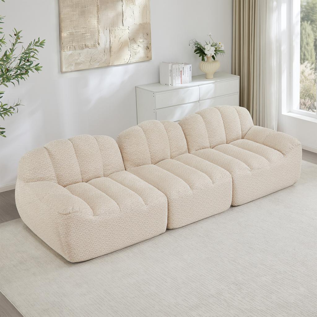 3-Seater Modular Sofa, Boneless Design made of 32D High-Density Foam, Deep Seat, Ideal for Living Room, Soft Fabric, Beige White