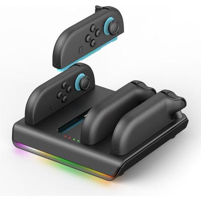 Док-станция для зарядки контроллеров Joycon для Nintendo Switch 2 2025 - Быстрая магнитная зарядная станция 4 в 1 с RGB-подсветкой и зарядным кабелем 2 фута