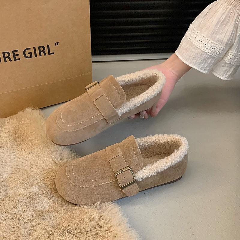 Ретро обувь Doudou женская 2025 зима новая флисовая утолщенная повседневная мягкая подошва пушистая обувь на одном педале плоские хлопковые туфли