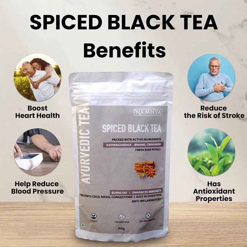 Namhya Herbal Spiced Black Loose Leaf Tea with Ashwagandha, Brahmi, Cinnamon | Stress Relief, Focus, Stamina & Digestion Support | Ayurvedic