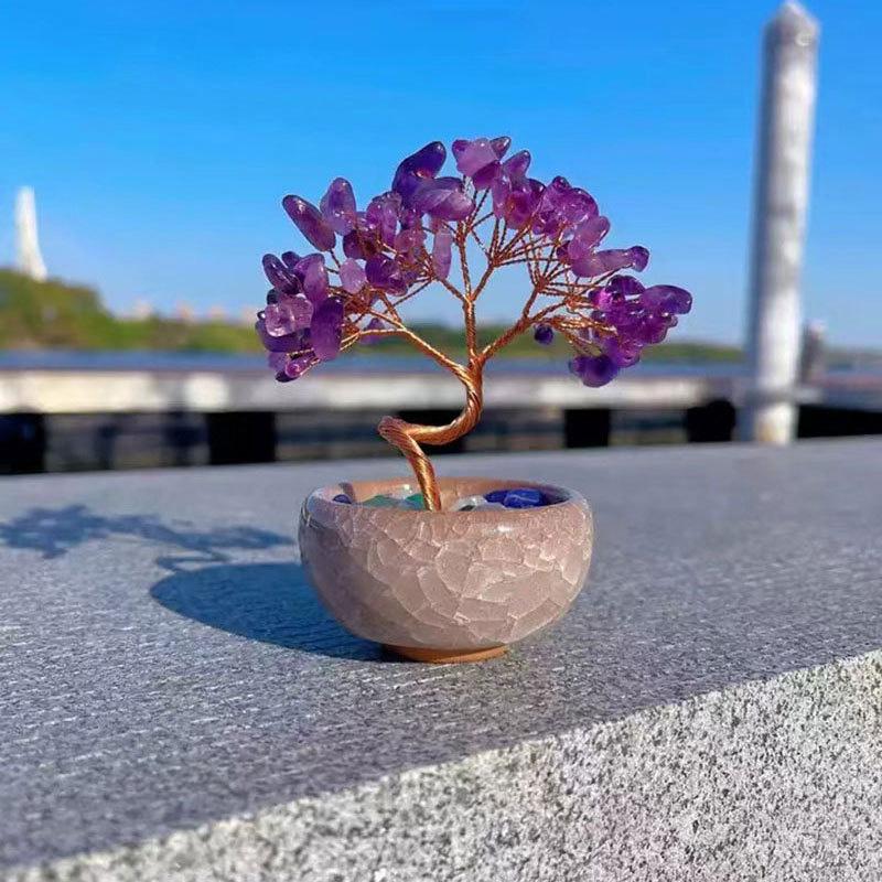 1PC Crystal Colorful Copper Wire Wrapped Natural Home Decor Fashion Tabletop Ornaments Feng Shui Trees Tea Cup Base