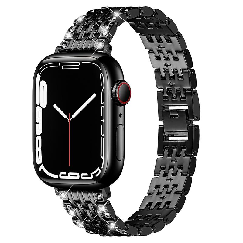 2 Rows Rhinestones Decor Replacement Metal Watchband Wrist Strap for Apple Watch Series 9/8/7 41mm/6/5/4/SE (2023)/SE(2022)/SE 40mm/3/2/1 38mm