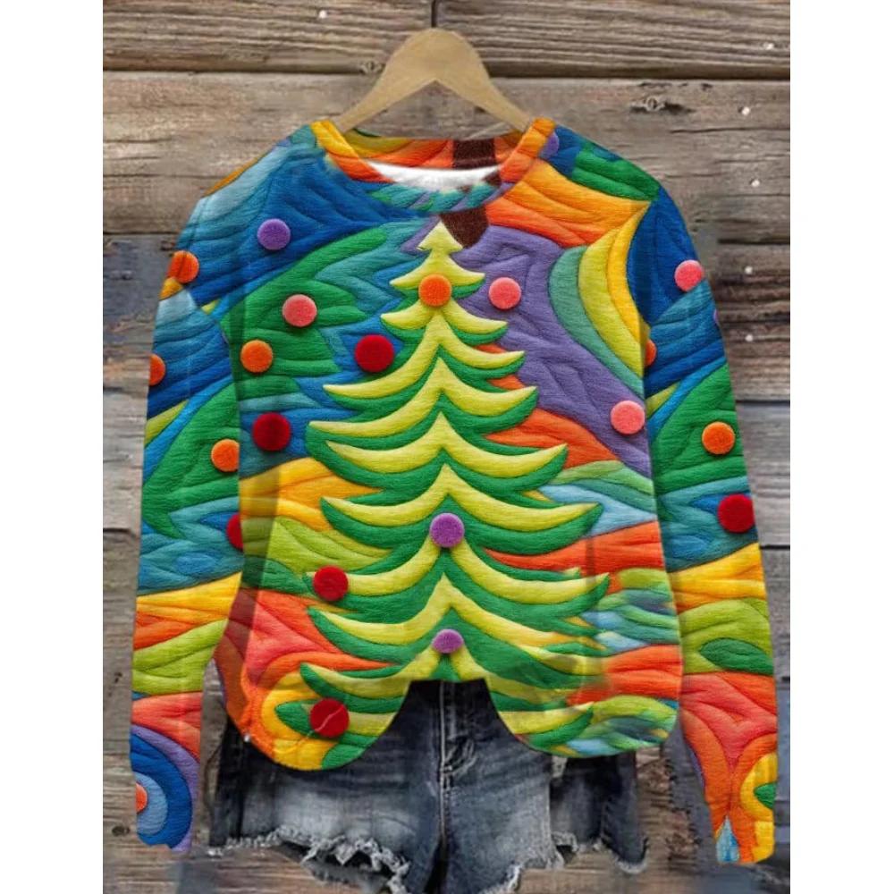 Women's Christmas House Graphic Pullover, Long-Sleeve Tops, Ladies Clothing, Street, Hip Hop, Oversized, Clothing