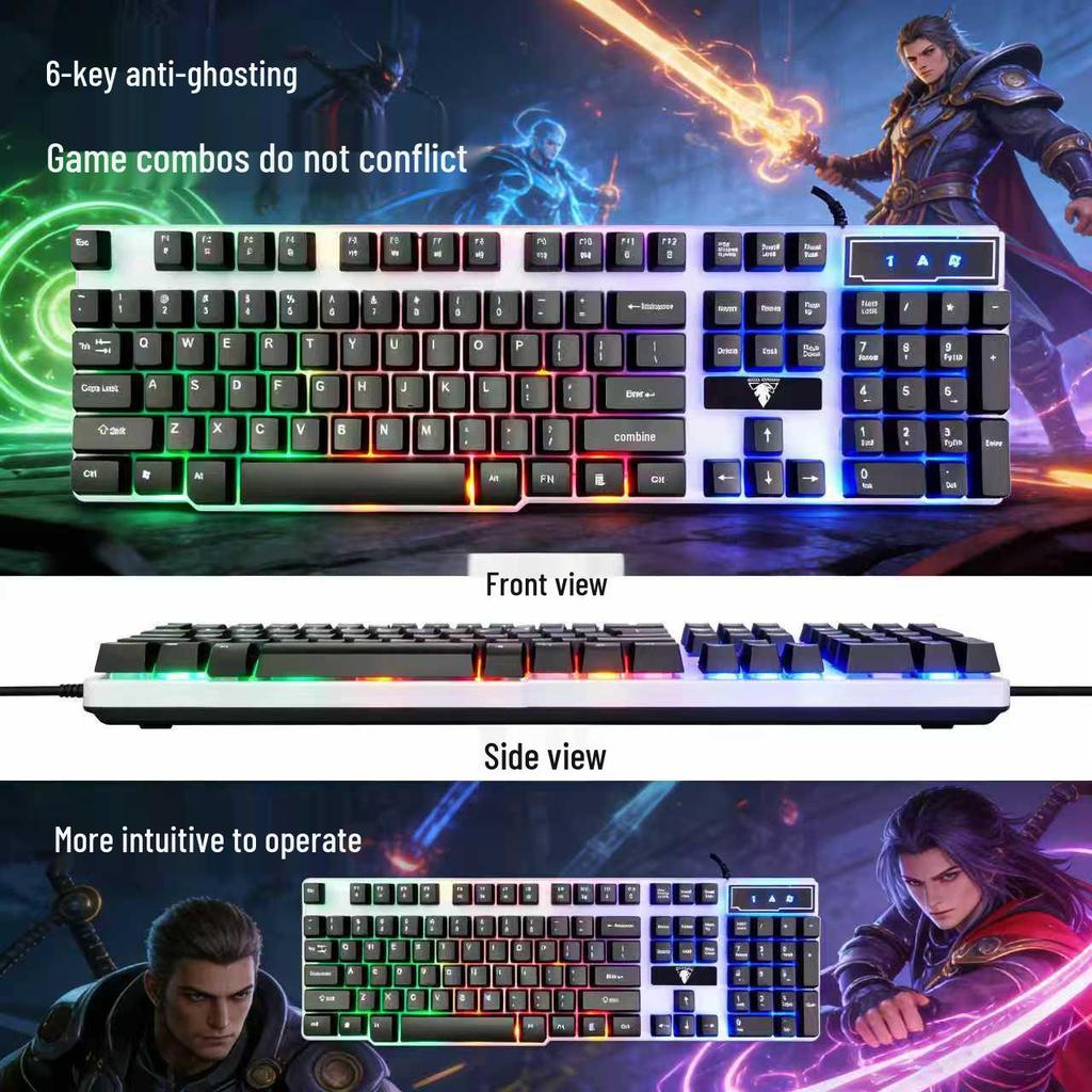 Игровая мембранная клавиатура с RGB-подсветкой, бесшумная, с механическим ощущением, 104 клавиши, проводная USB, трансграничная.