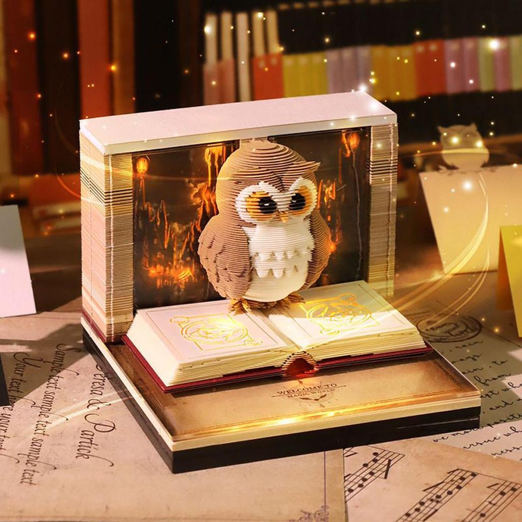 Time Piece Calendar 2026 Desk Calendar With Light 3D art Owl Calendar Paper Carving Art Memo Pad Notepad Gift for Christmas gift