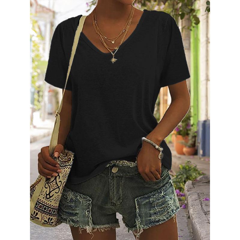 YYFS Женские модные повседневные летние весенние однотонные блузки и рубашки с v-образным вырезом и короткими рукавами с принтом