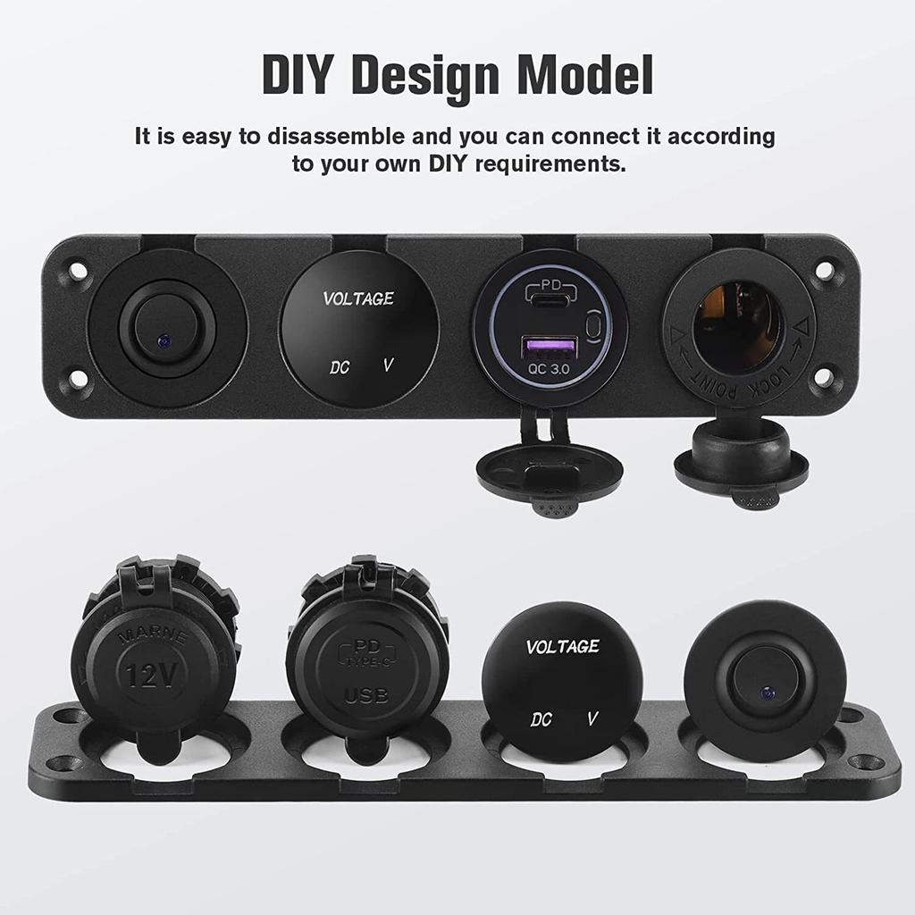 4 In 1 Panel PD QC3.0 USB Car Charger LED Voltmeter Power Socket Power Outlet Toggle Switch for Truck Car Boats RV