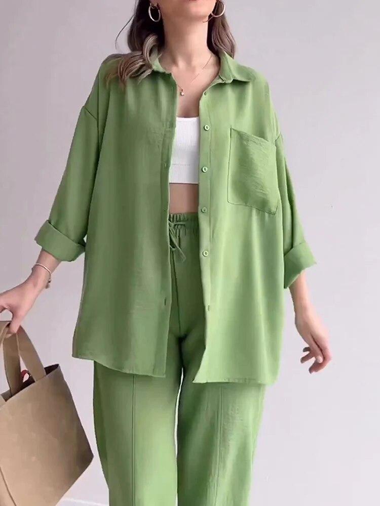Модный комплект брюк, женские рубашки с длинными рукавами, женский костюм с лацканами, лето 2023, брюки с высокой талией, модные женские костюмы из 2 предметов с завязками