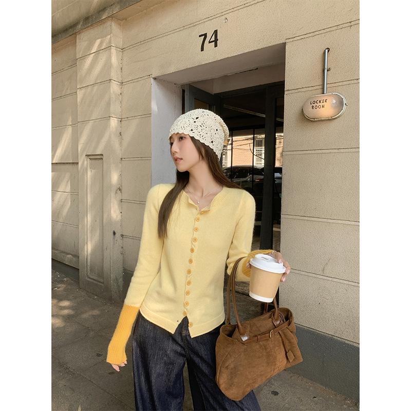 Шикарный контрастный дизайн цветного вязаного кардигана для женщин осень и зима новый милый тонкий топ с длинными рукавами