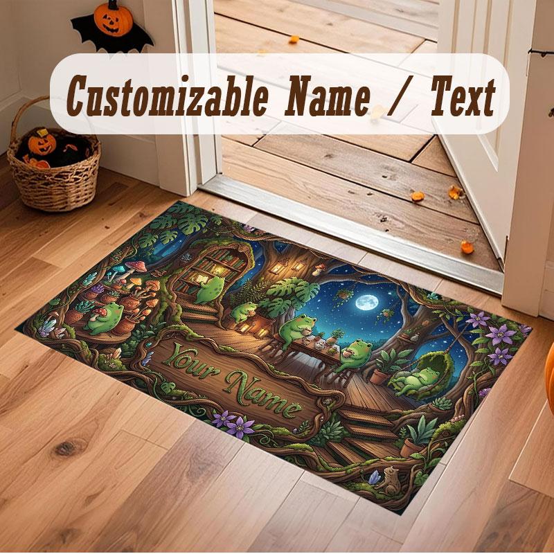 Mushroom Forest Theme Crystal Velvet Floor Rug Personalized Custom Name Text Warm Carpet Home Decoration