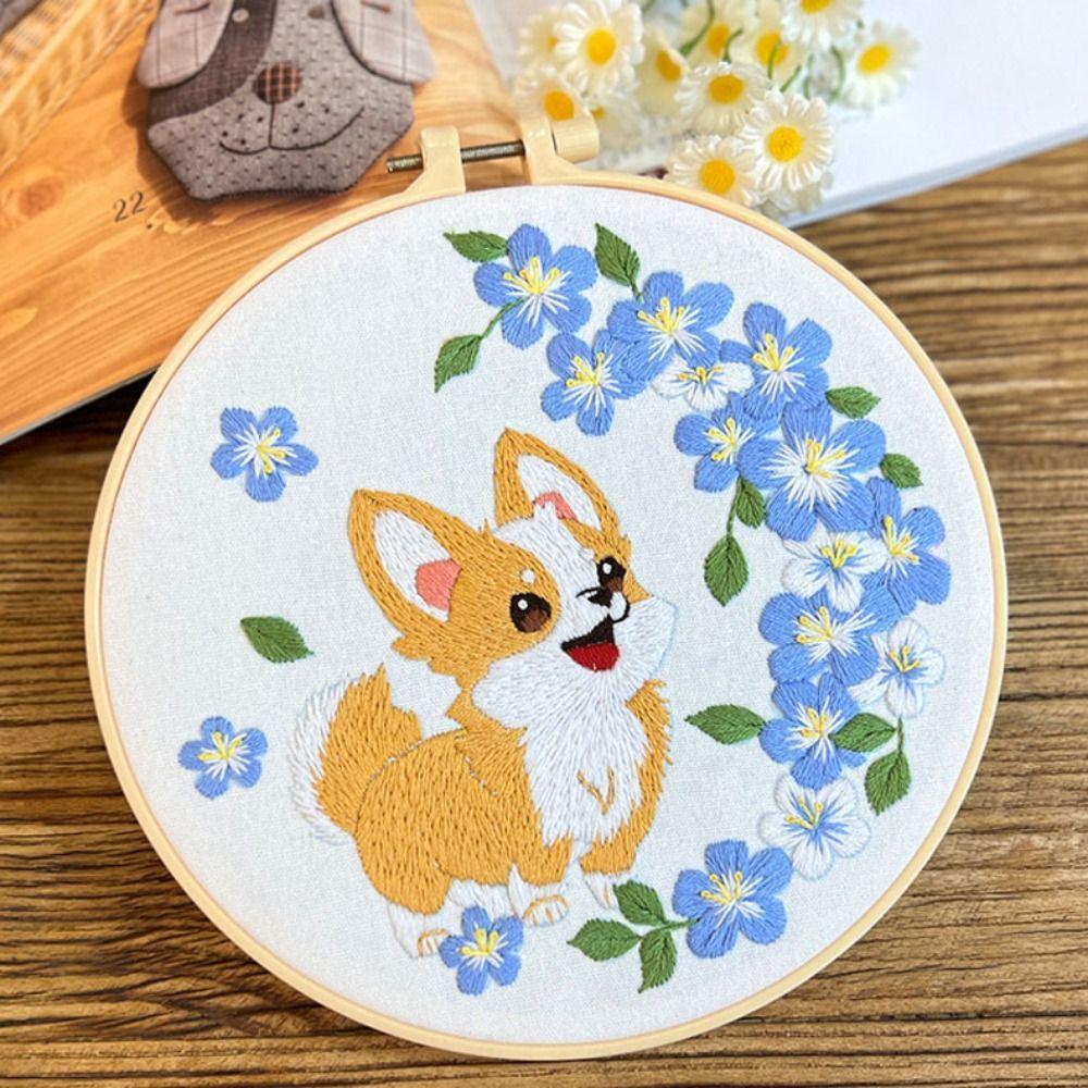 Floral Patterns Cross Stitch Set Corgi Embroidery Set Home Decor Dog Embroidery Kit Beginner