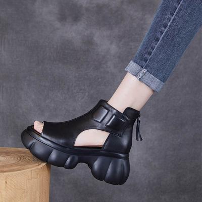 2025 весна и лето новые из первого слоя мягкой кожи маффин толстая подошва крутые ботинки на высоком каблуке ретро повседневные универсальные на толстом каблуке сандалии с открытым носком