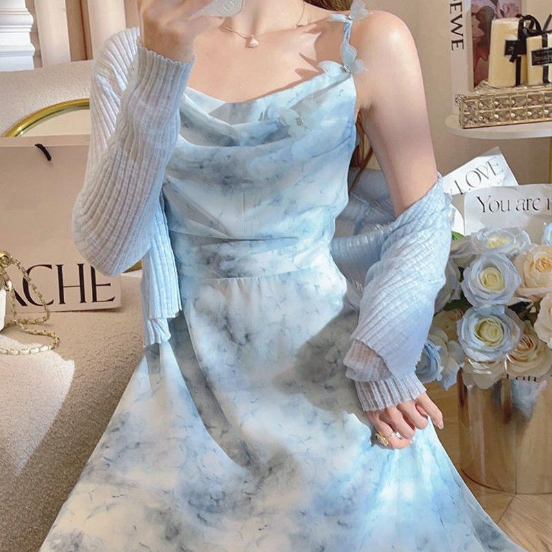 Летнее новое платье с вырезом на плече, на бретелях, элегантное платье без рукавов, женское милое платье макси с бабочками, однотонный кардиган в рубчик