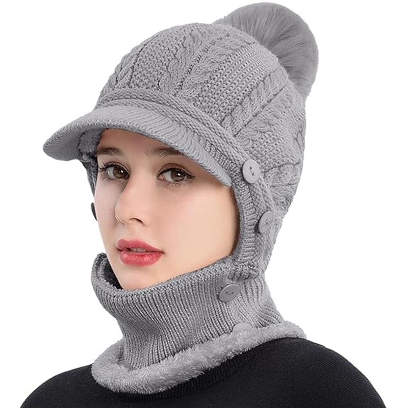Женская зимняя утолщенная подкладка шапка термобалаклава капюшон шарф с козырьком вязаные шапки с помпоном
