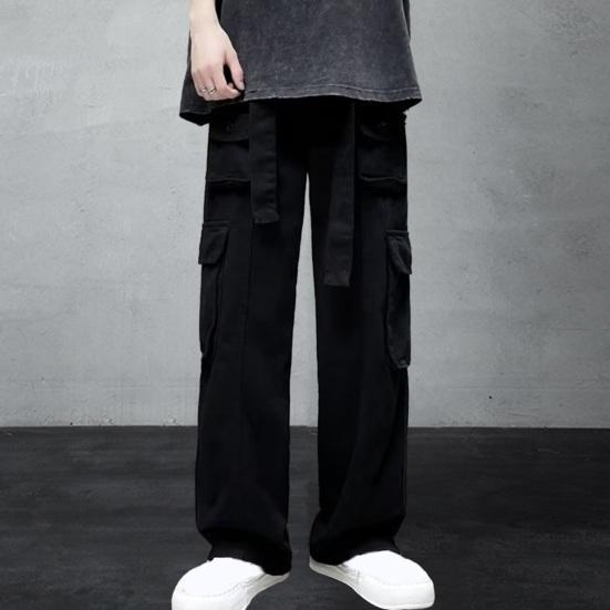 Men Cargo Trousers with Multiple Pockets Solid Color Spring Autumn Loose-Fit Straight Pants Wide Leg Trousers
