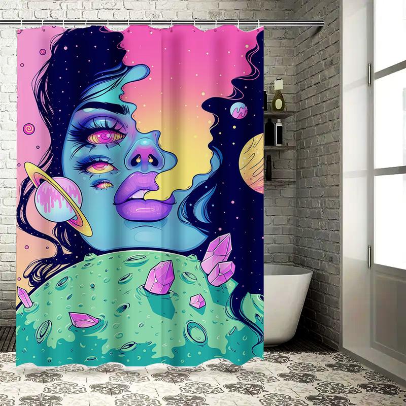 Bright Galaxy Shower Curtain Set with Cosmic Space Woman Artwork for Bathroom Decor Pink Blue Yellow Green Colors + Rod Pocket +