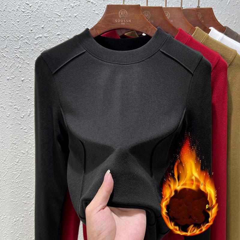Autumn and Winter Women's Bottoming Shirt Brushed Fleece Long Sleeve Blouse Inner Bottoming Shirt Design Tops