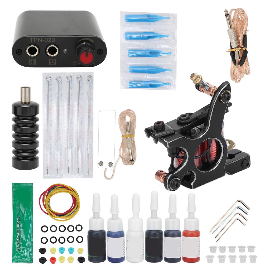 Complete Tattoo Machine Kit Power Supply Needles Tips Handles Tattoo Supplies for Beginners