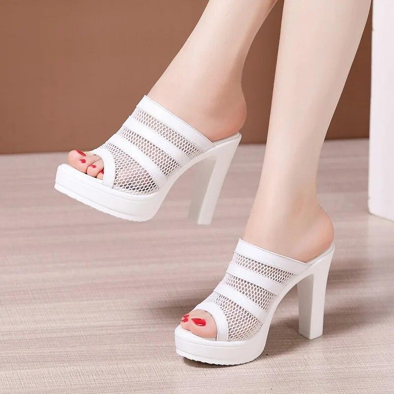 Plus Size Block Heel Platform Shoes Women Slippers Summer Open Head High Heels Slides Ladies Cutout Slippers