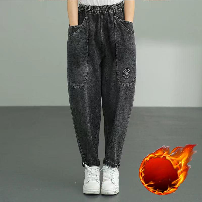 Осенне-зимние женские повседневные джинсы с подкладкой и утолщением с большими карманами, свободные шаровары