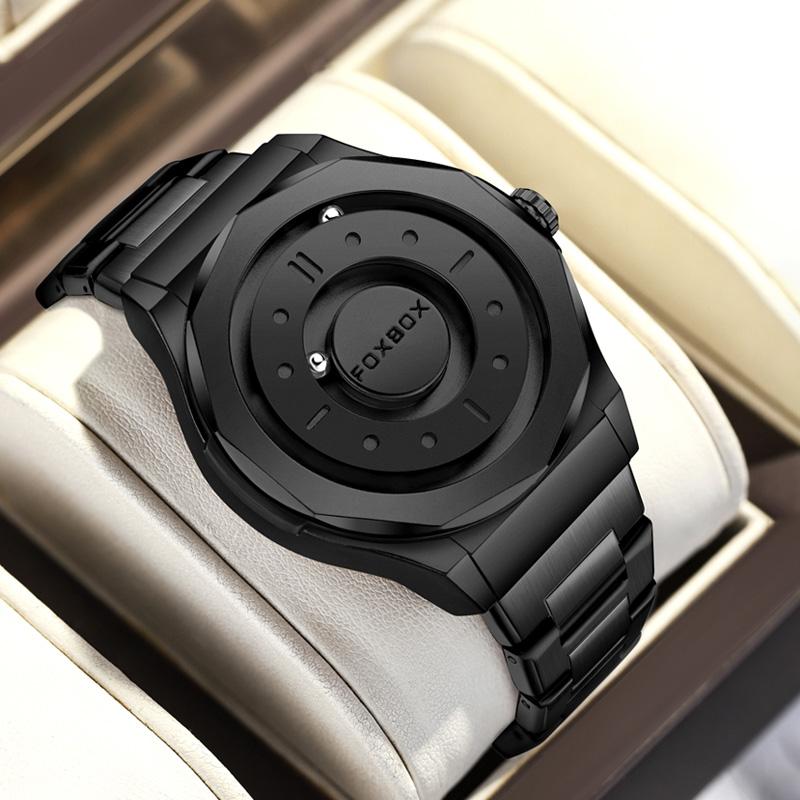 FOXBOX Men's Watches Stainless Steel Quartz Watch Creative Scrolling Pointer Magnetic Force Wrist Clock Relogios Masculino+Box