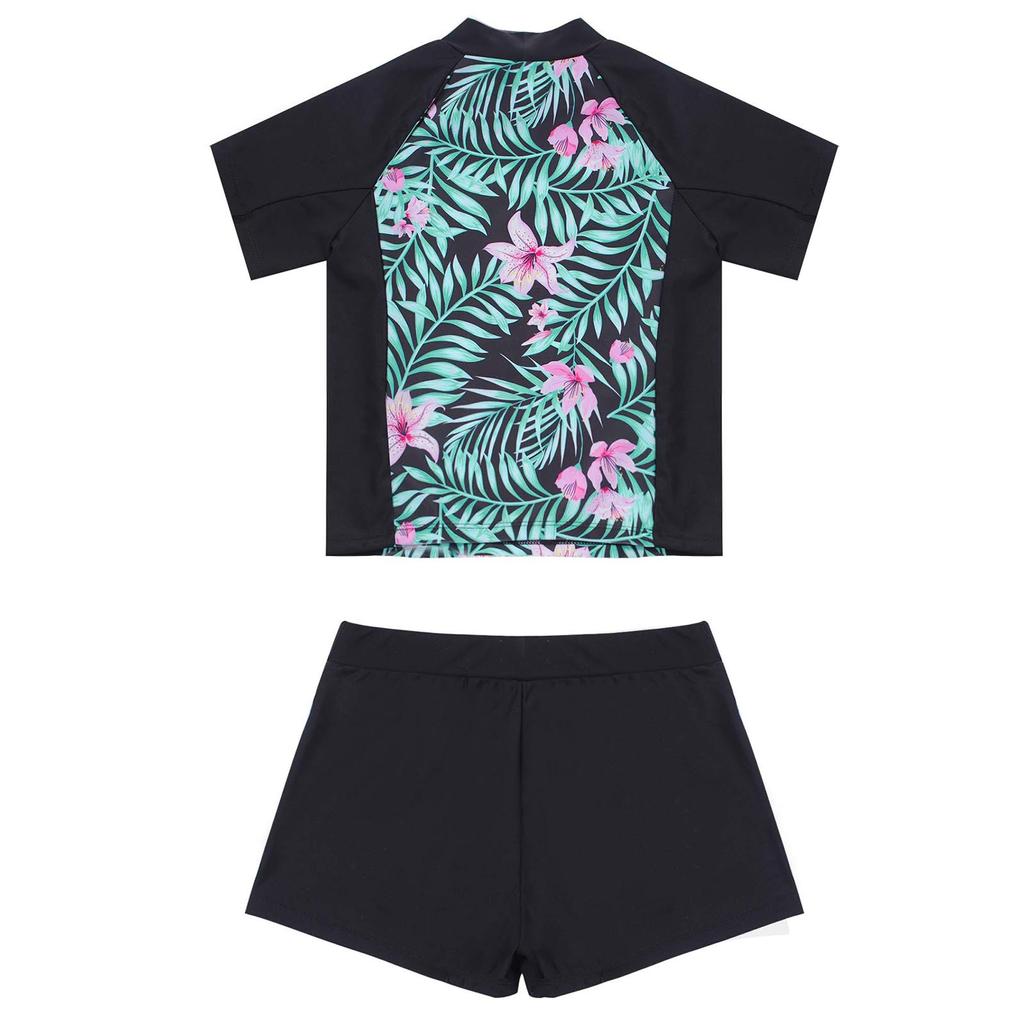 Kids Girls Rash Guard Flower Printed Tankini Set T-Shirt with Swim Short Pants Swimsuit Bathing Suit