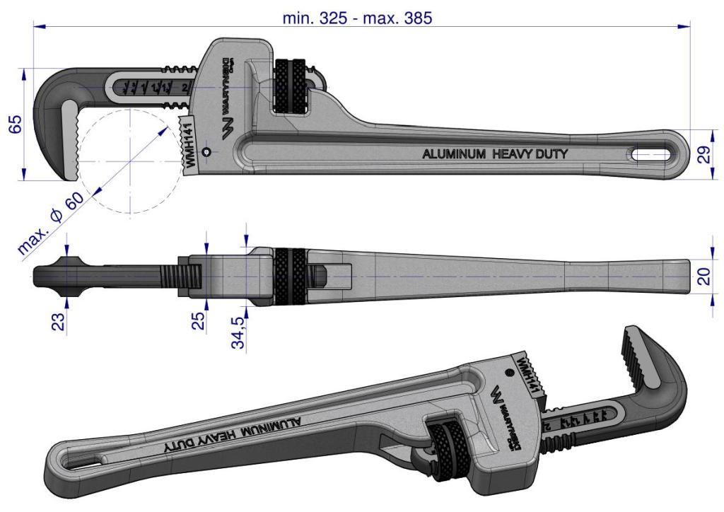 American type pipe wrench 14" aluminum handle reinforced CrMo jaws max diameter Waryński