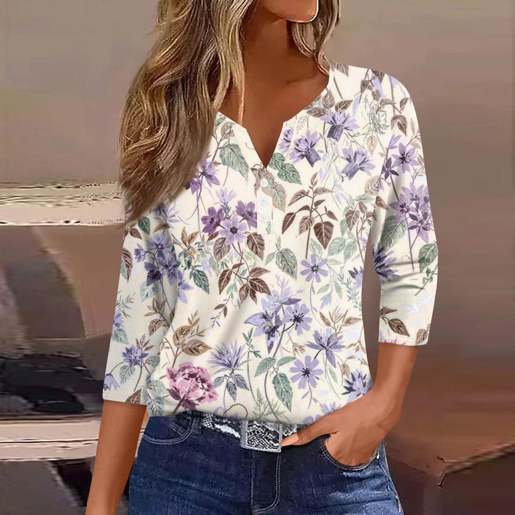 Women's T Shirt Print Button 3/4 Sleeve Daily Weekend Fashion Basic V- Neck Regular Top