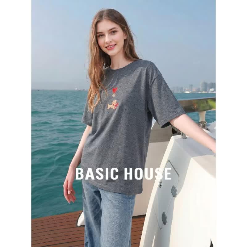 Базовая женская футболка с вышивкой и круглым вырезом Basic House