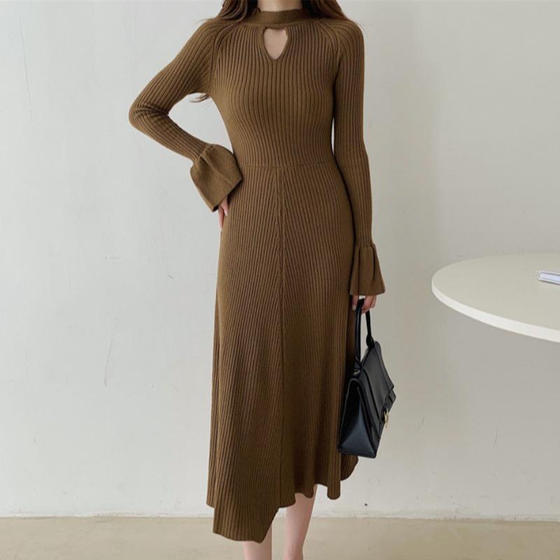 Женская мода осень-зима сплошной цвет печати с длинным рукавом и круглым вырезом с высокой талией повседневные платья