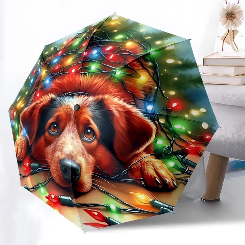 1pc Christmas Lights Dog Automatic Opening/Closing Folding Umbrella with 8 Ribs, Plastic Handle, Windproof Portable Sunshade Umbrella yy251222217
