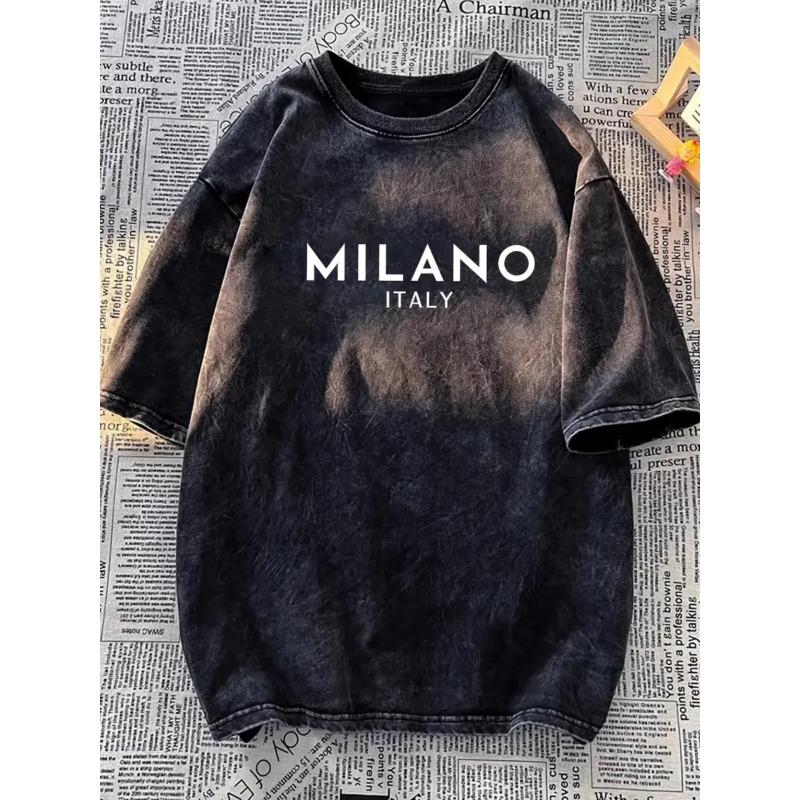 Европейские размеры Мужская винтажная стираная футболка с принтом «MILANO ITALIA» | Мягкая, дышащая, свободного кроя, с коротким рукавом, с круглым вырезом, для повседневной уличной моды