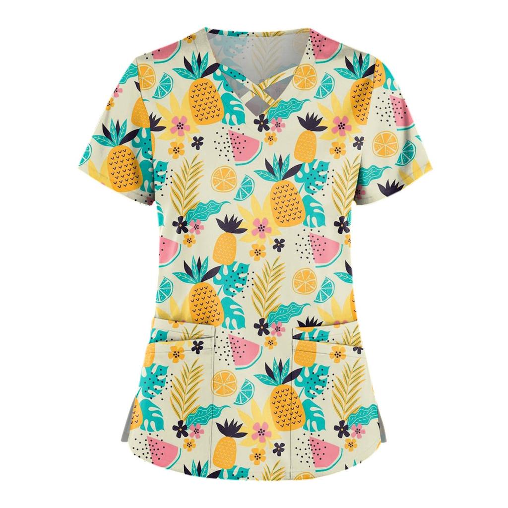 Plus Size Cute Printed Scrub Working Uniform Tops For Women Cross V-Neck Short Sleeve Fun T-Shirts Workwear Tee with Double Pockets