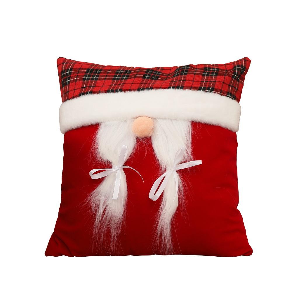 Santa Hat Christmas Eco-Friendly Durable Red Velvet Plaid Throw Pillow Case with Faux Fur Braids Holiday Decor for Couch