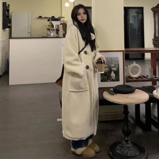 Женское зимнее пальто с капюшоном из плотного флиса, однотонное, с застежкой на роговые пуговицы, длинные рукава