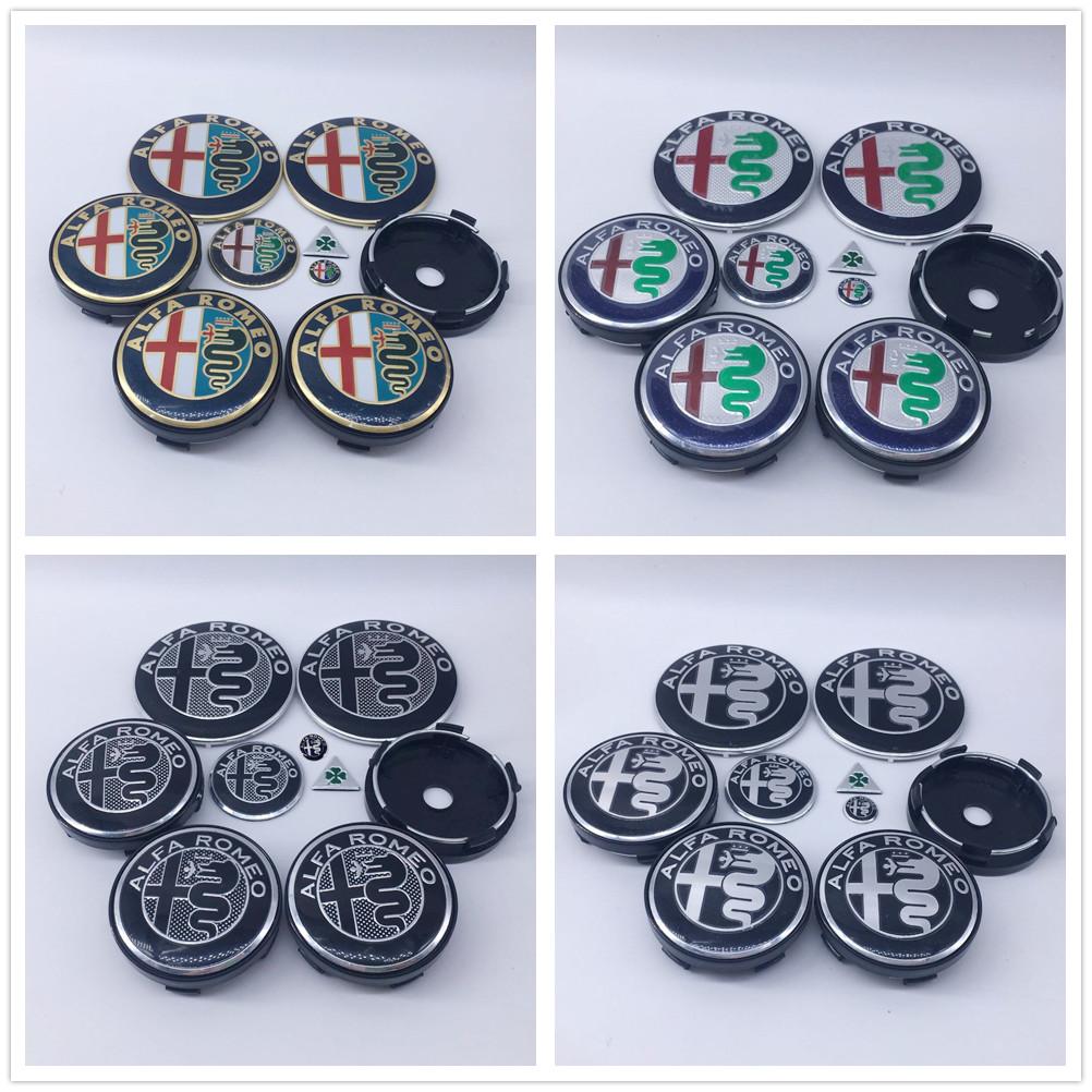 EGJCU1 1sets 9pcs For Alfa Romeo new black T60 060 60mm black caps 74mm Steering Wheel Badge Car Hood Front Emblem Giulia Stelvio Mito