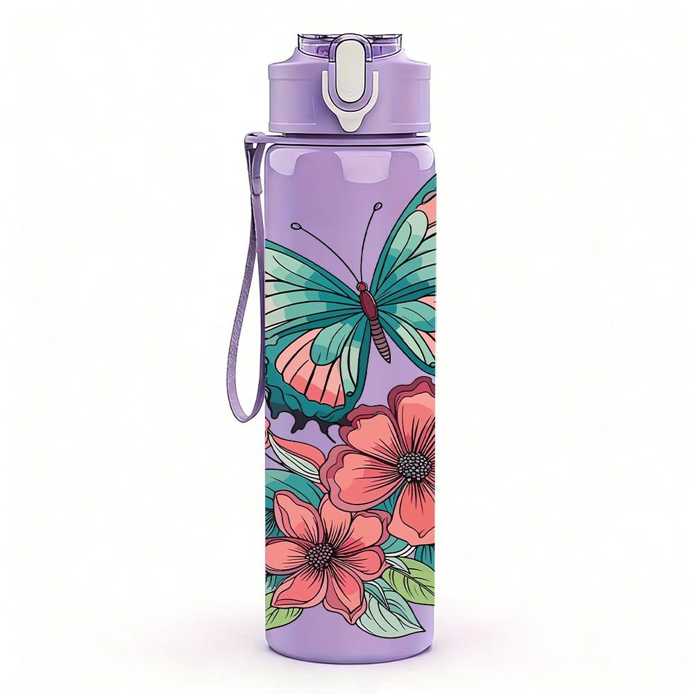 1PC Colorful Butterfly Pink Wildflower Floral Art 750ml Color Plastic Sports Water Bottle Leakproof Flip Straw Lid Suitable for Sports Office Home Use