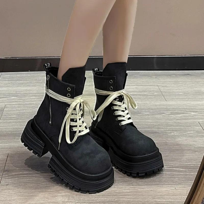 Женские ботинки 2024 года, новые рыцарские ботинки на толстой подошве и каблуке, повседневные мотоциклетные ботинки Zapatos со шнуровкой в стиле панк на молнии