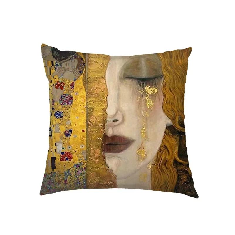 Oil Painting Kiss By Gustav Klimt Cushion Cover Van Gogh Starry Night Linen Pillowcase Sofa Throw Pillow Covers for Living Decor