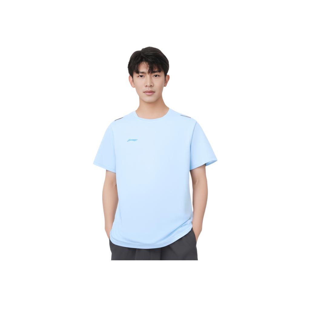 Li-Ning Однотонный круглый вырез свитер спортивный короткий рукав футболка мужские топы небесно-голубой ATSU551-3